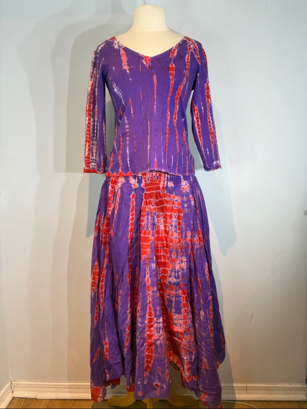 Boho Tie Dye 2-Piece Set XL Purple Red Cotton Maxi Skirt & Top NWT